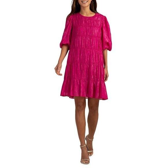 Trina Turk Silvery Metallic Tiered Short Sleeve Dress Planetary Fuchsia Pink XS - Picture 1 of 4